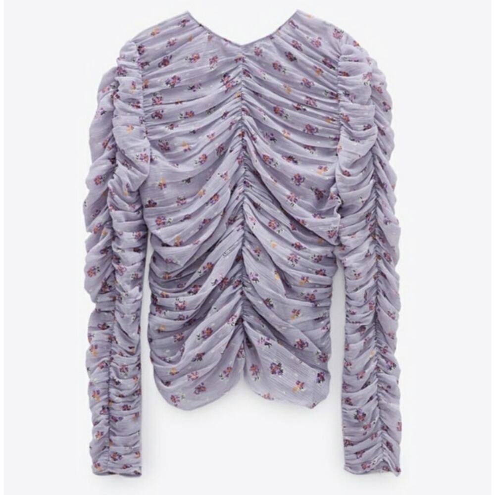 Zara Mauve Printed Ruched Blouse Purple Floral Small NWT